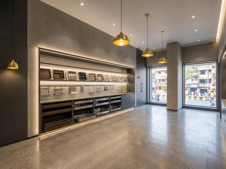 The KGF hardware display with hinges, channels and fittings on lit shelves