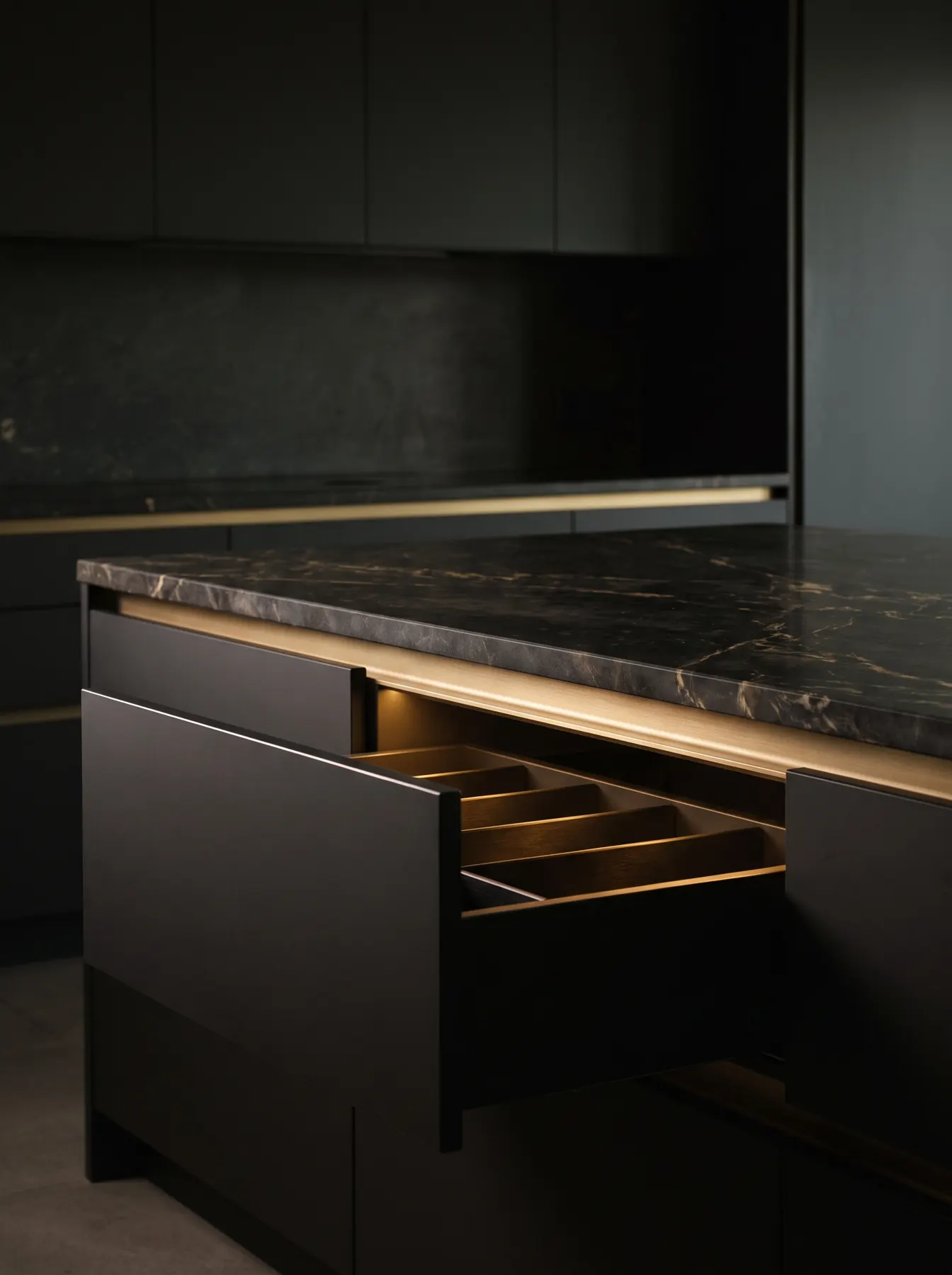 A dark kitchen with a soft-close drawer gliding open under warm light